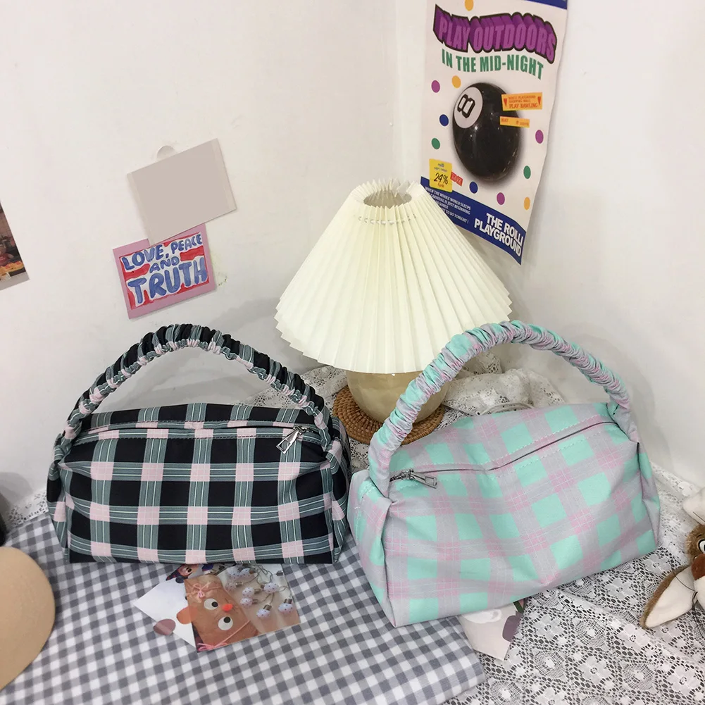 

Fashion Women Plaid Printing Canvas Shoulder Bag Casual Ladies Small Pleated Top-handle Handbags Mini Purse