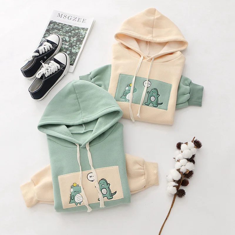 Women Cartoon Dinosaur Funny Hoodies Sweatshirts Hooded Plus Velvet Warm Pullovers 2021 Winter Femme Harajuku Tracksuits 24459