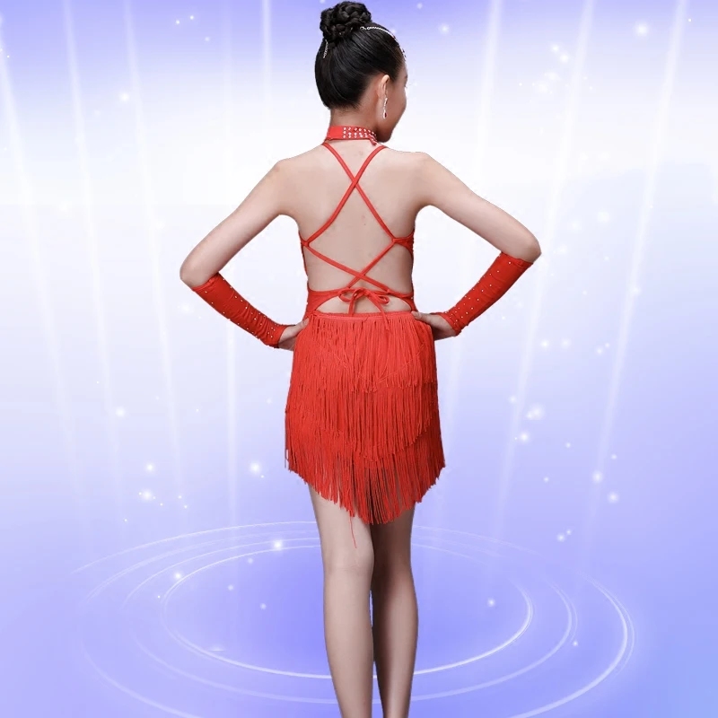 Дети сальса платья с блестками для латинских платье танцев девочек бахромой