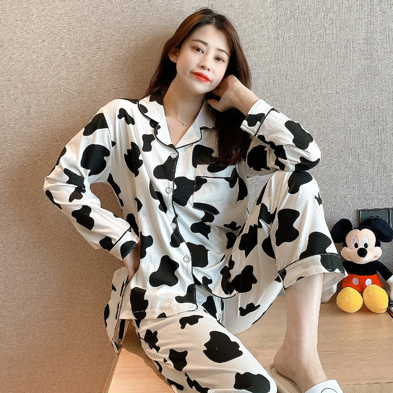 

ChunShang Spring New Pajamas Women's Long-Sleeved Cardigan Cartoon Cows Can Be Worn Outside Home Service Suits