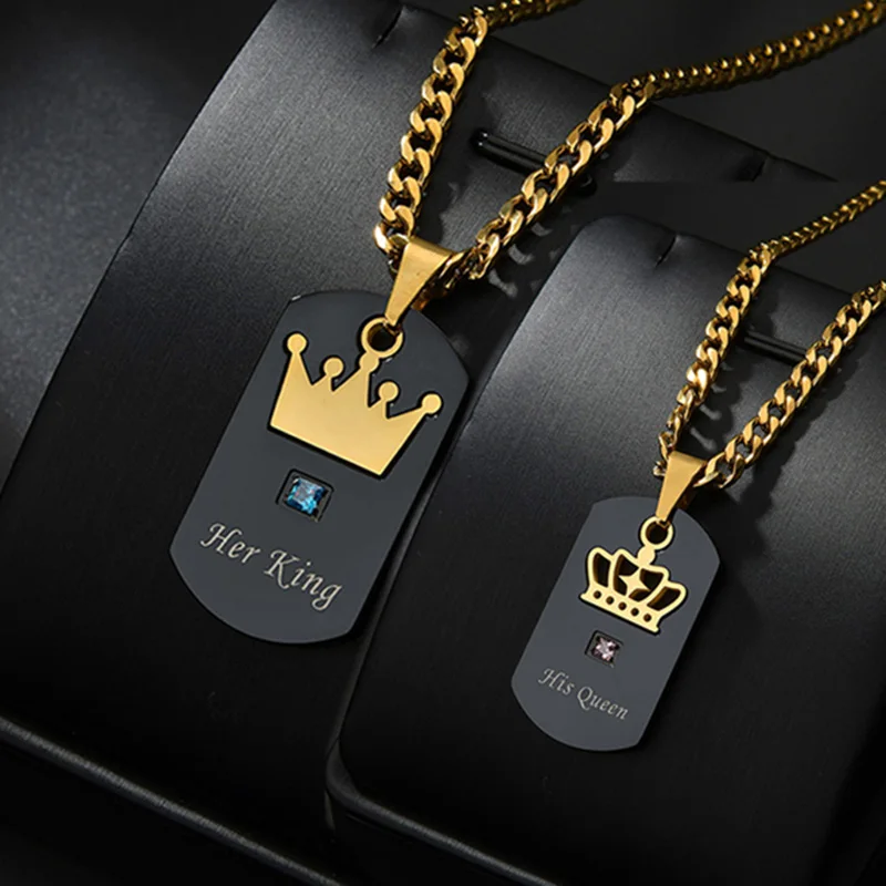 

Dropshipping Valentine‘s Day Gift for Lover His Queen Her King Dog Tag Stainless Steel Couple Pendant Necklace for Women Men