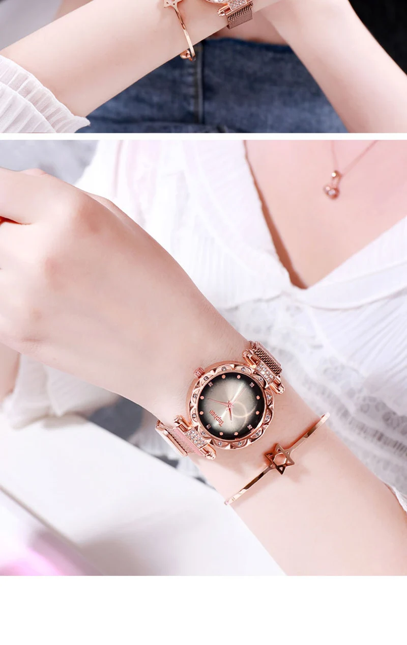 Women Watches Luxury Rose Gold Ladies Wrist Watches Starry Sky Magnetic Watch Mesh Strap Waterproof Clock relogio feminino xfcs