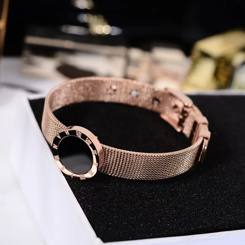 

Watch strap titanium steel watchband rome numerals bangle fashion jewelry rose gold bracelet black round wristlet jewel women
