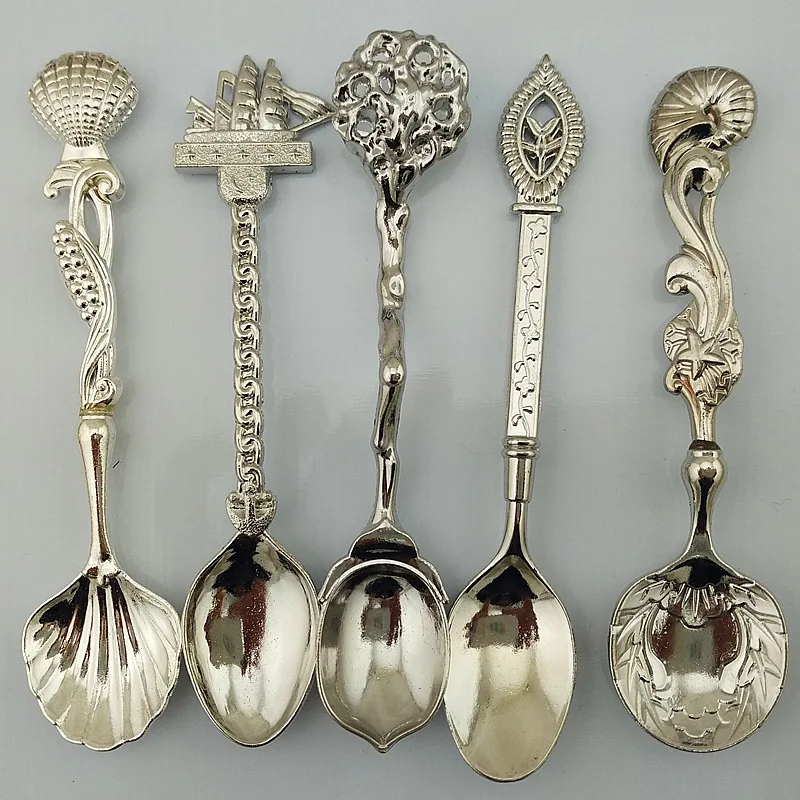 

Teaspoon Flatware Kitchen Accessories Coffee Spoons Alloy Occident Retro Drink Ice Cream Tools Stirring Spoon 4Colors 5Pcs/Set