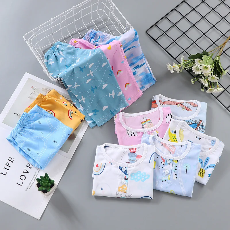 Детские пижамы Летний Тонкий хлопковый домашний костюм с футболкой короткими