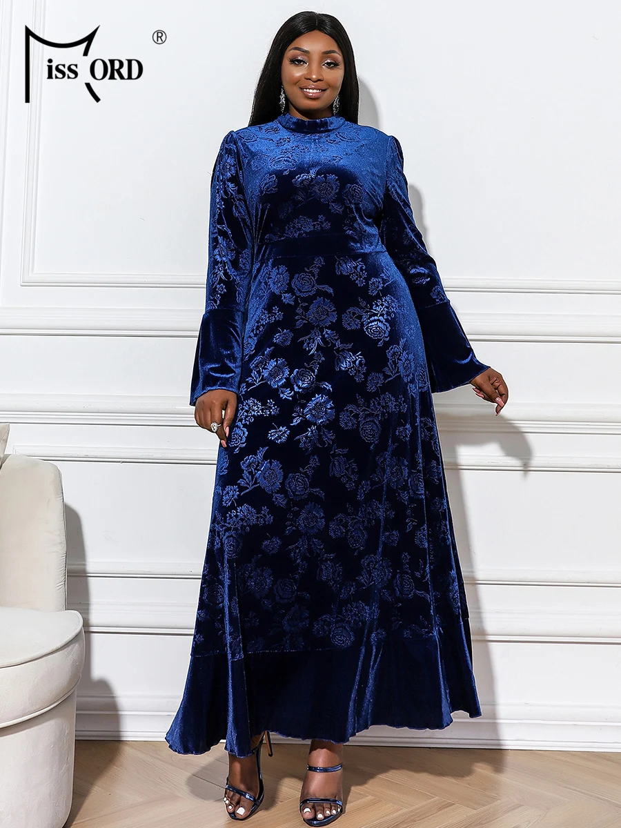 Missord 2021 Women Velvet Plus Size Dresses Floral Print Prom Party Vestidos Elegant Long Evening Blue Dress Ruffle Hem 3XL 4XL