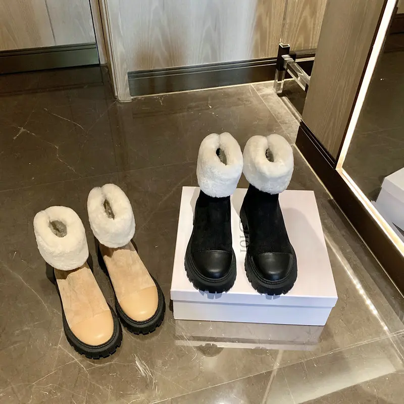 

2021 Fashion Genuine Leather Booties Women New Female Ankle Boots Wool Warm Thick-soled Heel Winter Shoes for Women