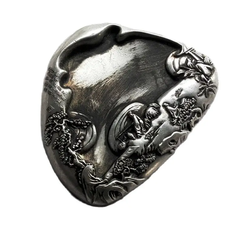 

China Antique Handmade Fine Miao Silver Stationery Inkstone Inkstone Fishing Disc Reading
