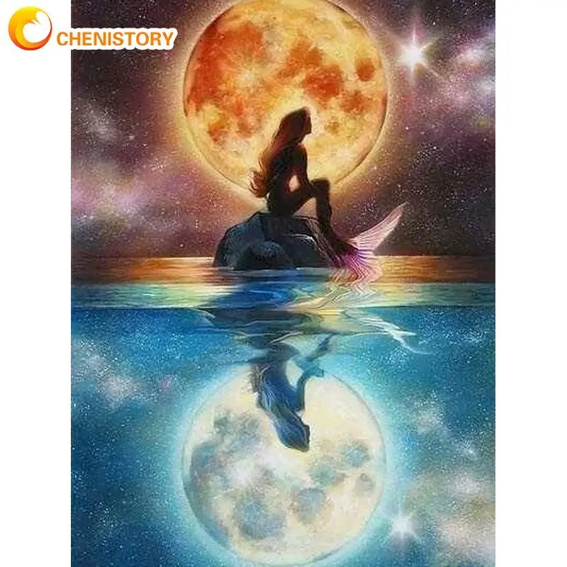 

CHENISTORY 60x75cm Frame Paint By Number For Adults Mermaid moonlight Picture By Numbers Acrylic Paint On Canvas Home Decors