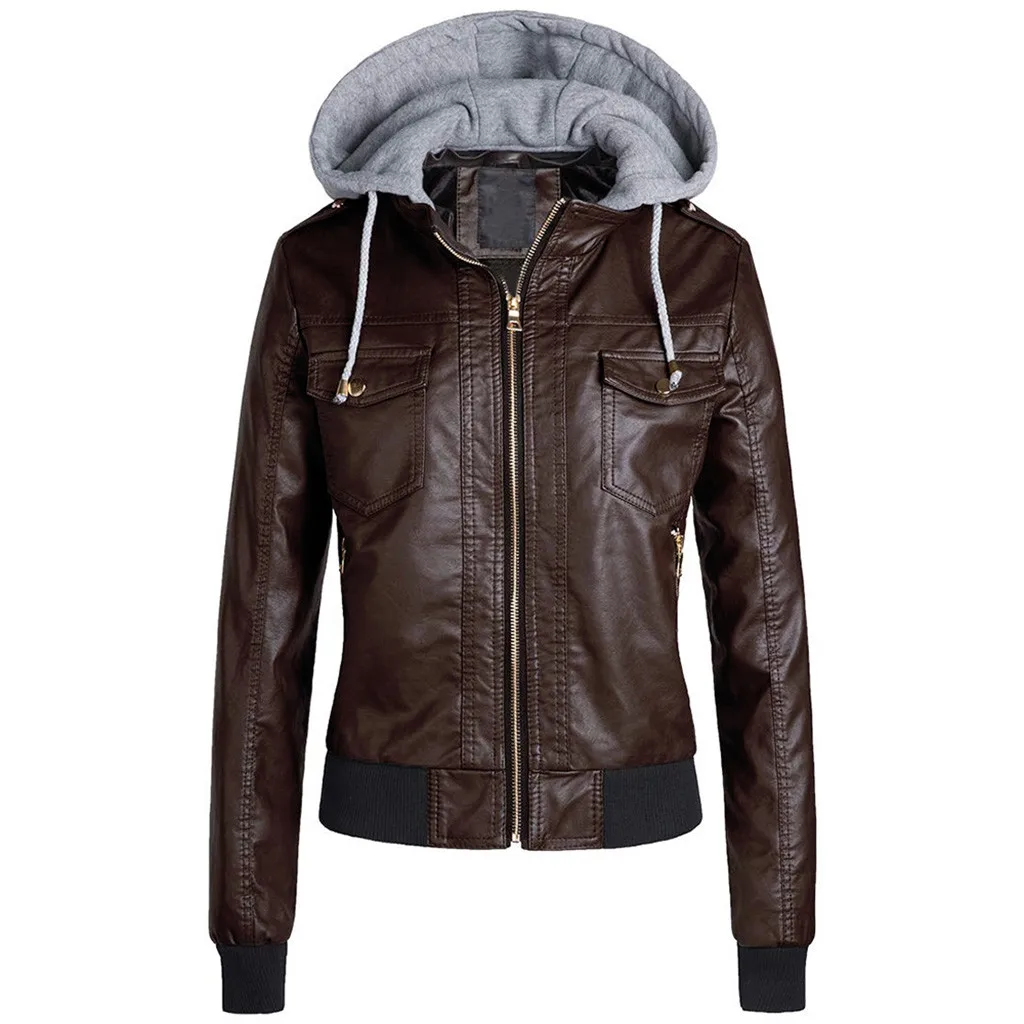 

2019 New Fashion Slim Type Women Autumn and Winter Jacket Hooded Detachable Zipper Short Leather Jacket Top Z725
