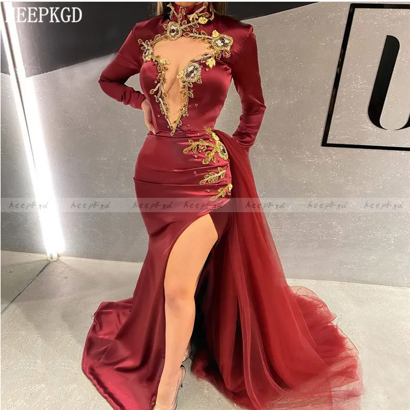 

Sexy Long Sleeves Burgundy Arabic Evening Dress With Slit Open Chest Gold Beads Plus Size Prom Gowns Long Formal Occasion Dress
