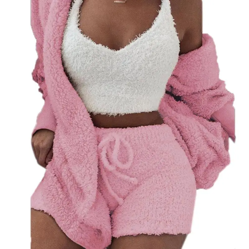 

3 Pcs/set Winter Women Home Wear Suit Sexy Casual Pajamas Long Sleeve Exposed Navel Vest Shorts Set M3GF