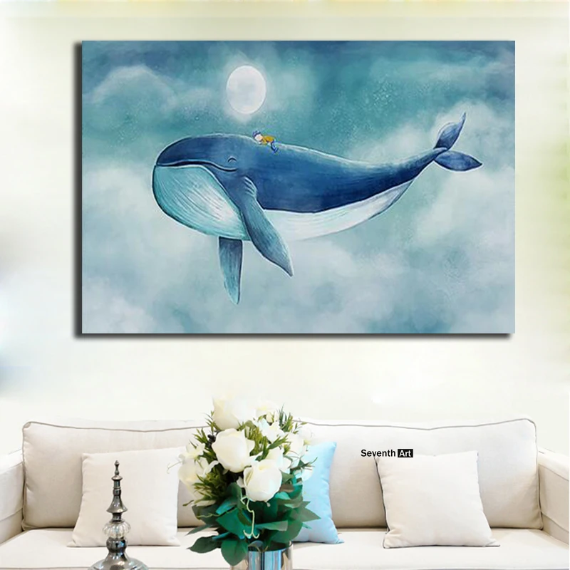 

Lovely Blue Whale Canvas Painting Modern Cartoon Seascape Poster And Prints Home Decoration Cuadros Wall Picture For Children