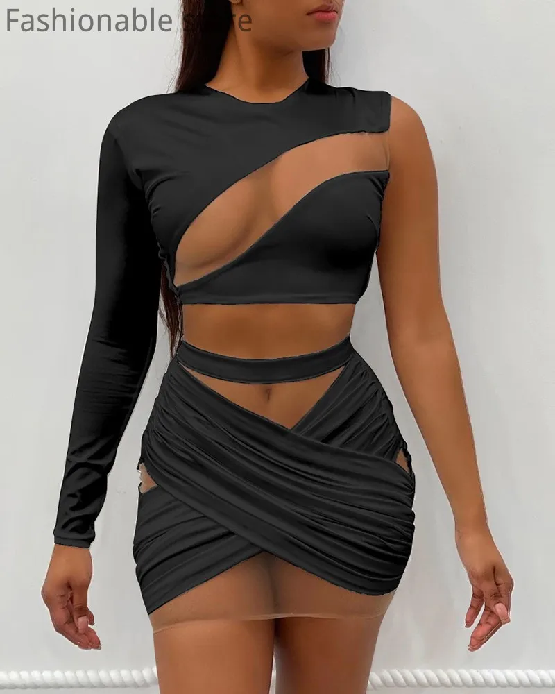 

Women Sexy See Through Crop Top and High Waist Sheer Mesh Patchwork Mini Dress Set Solid Color Summer 2pcs Suit