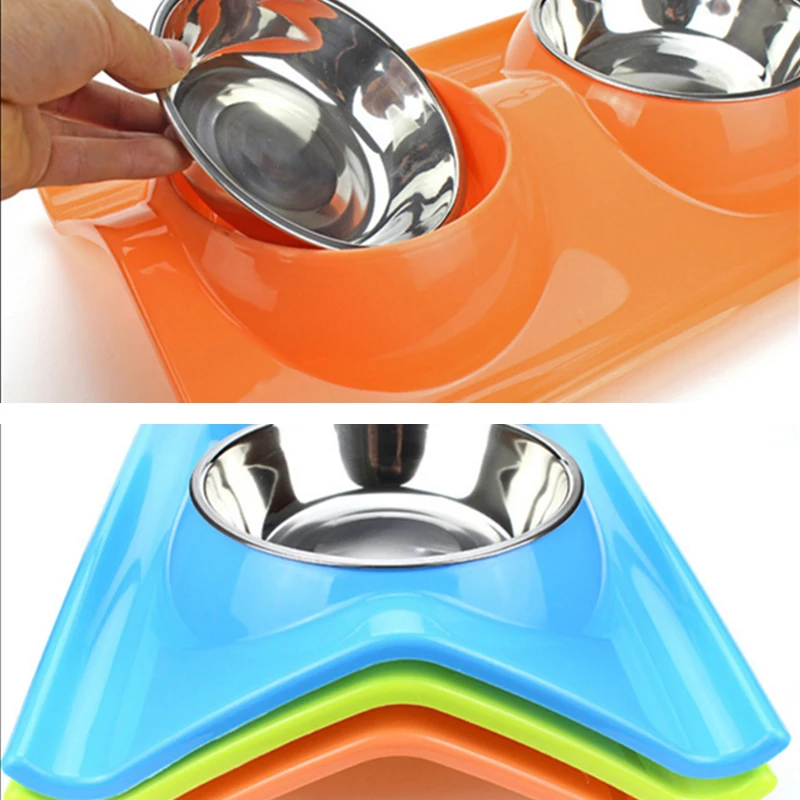 

Dog Double Bowl Puppy Food Water Feeder Cute Stainless Steel Pets Drinking Dish Feeder Pets Supplies Feeding Dishes Dropship