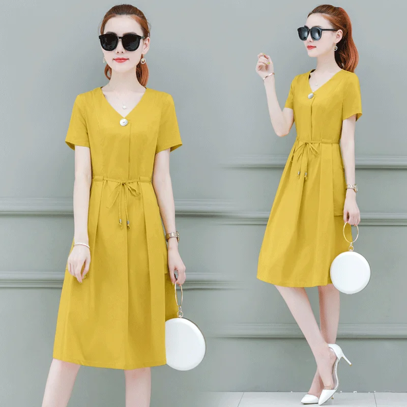 

UHYTGF Summer dresses for women fashion pocket short sleeve elegant dress Korean pullover bandage dress V-neck long dresses 1685