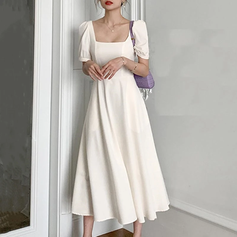 

Летние Женские приталенные платья до середины икры, милое платье с квадратным вырезом, корейские платья-трапеции с коротким рукавом с буфам...