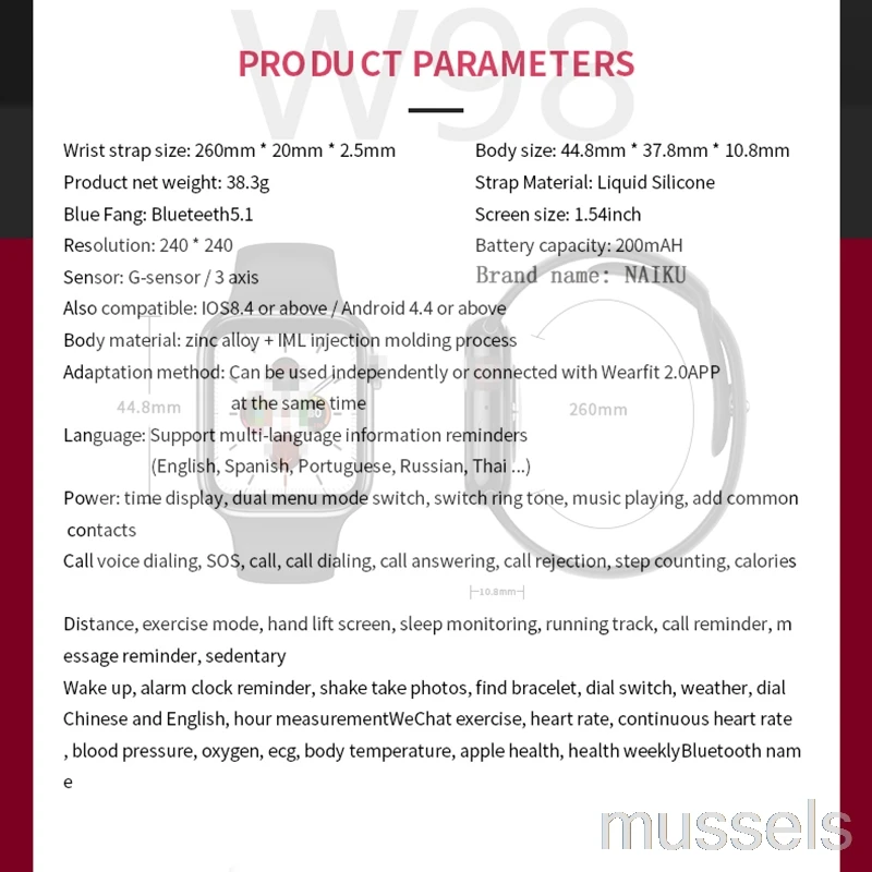 

Bluetooth Call Smart Watch W98 temperature ECG Heart Rate Monitor Smartwatch IWO 10 lite for Android iPhone xiaomi PK Iwo 9 8