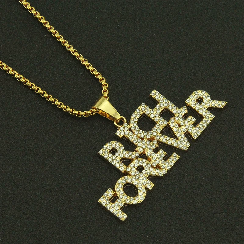 

Men Hip Hop Rich Forever Pendant Necklace With Long Chain Iced Out Bling Hiphop Necklaces Male Fashion Jewelry