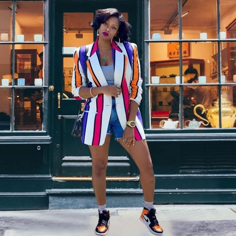 

2021 Casual Suit Coat Large Fashion Temperament Stripe Coat