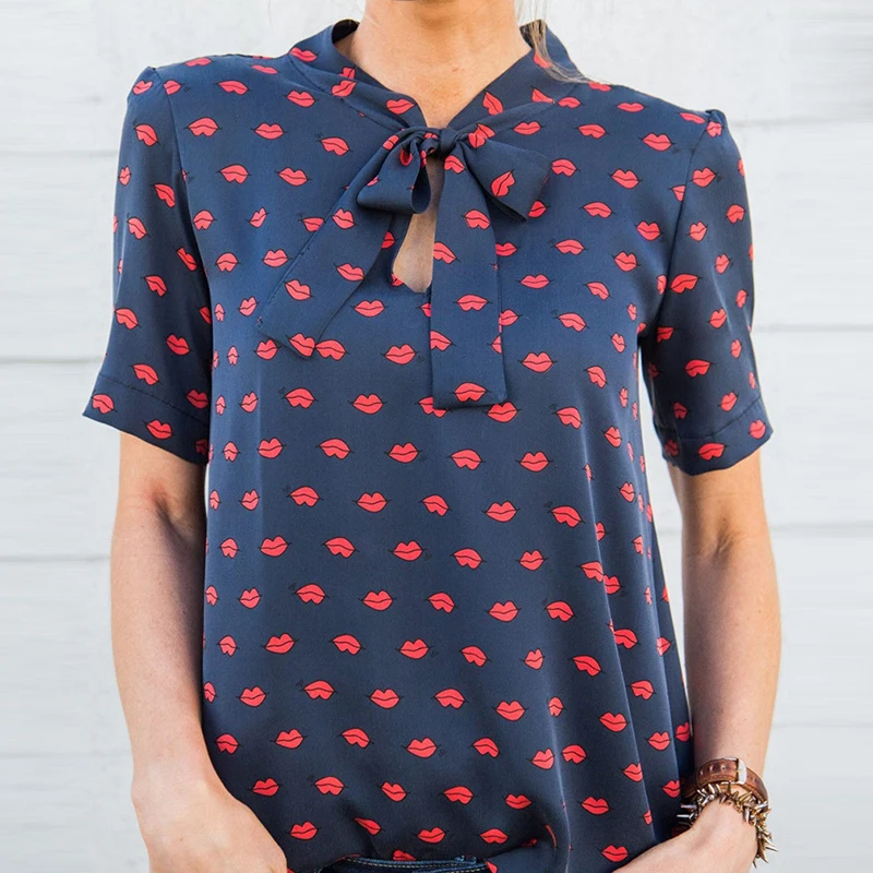 Для женщин Повседневное на шнуровке с бантом короткий рукав блузки летние топы