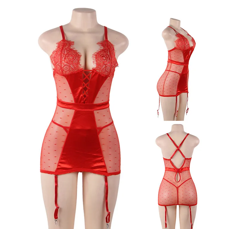 Размера плюс Для женщин Эротическое белье подвязки с вышитыми кружевами Babydoll 5XL