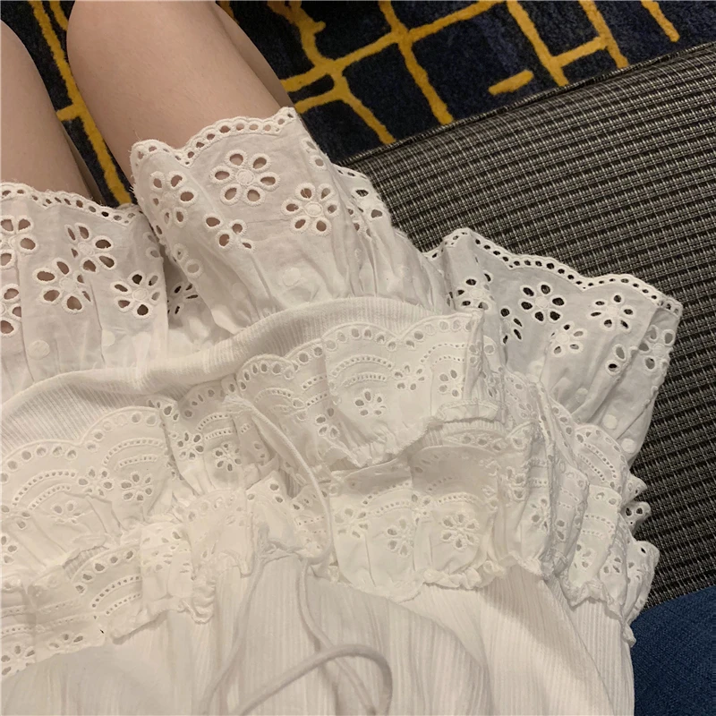 

summer 2020 cotton white spaghetti dress sexy women ruffles hem v neck dresses sleeveless lace ruffles dress