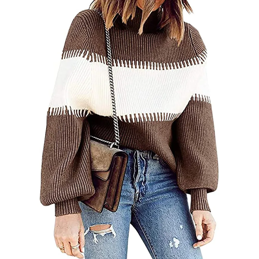 

2020 autumn and winter new European and American women's casual high neck sweater pit strip contrast sweater