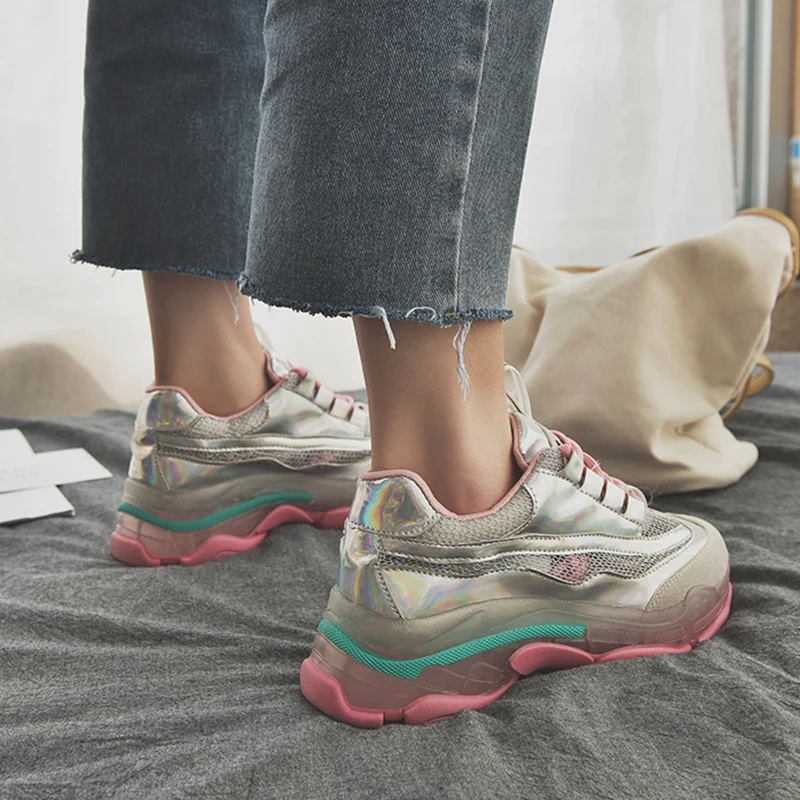 Массивные кроссовки Дизайнерские женские с блестками Дышащая женская обувь из