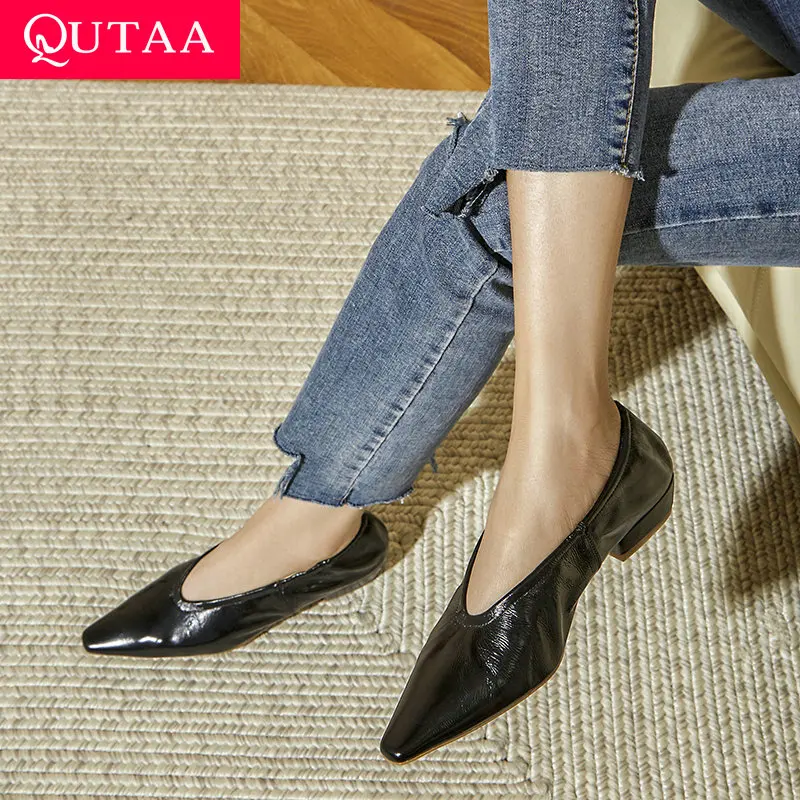 

QUTAA 2021 Summer Pointed Toe Square Low Heel Shallow Ladies Shoes Genuine Leather Elegant Women Pumps Size 34-42
