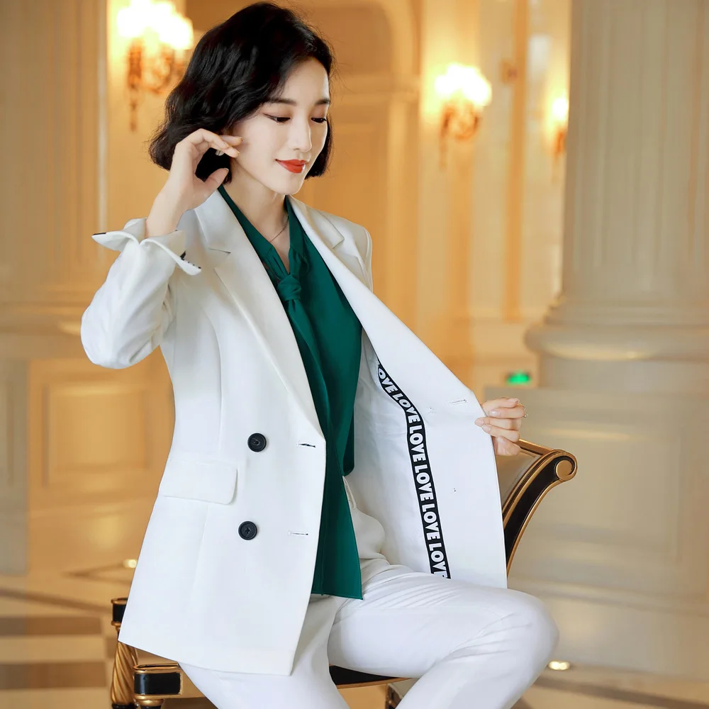 Женские Брючные костюмы больших размеров официальный белый блейзер с длинным