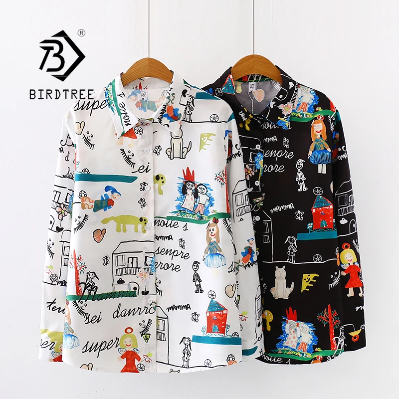 Женская шифоновая блузка с рисунком винтажная Свободная длинным рукавом весна