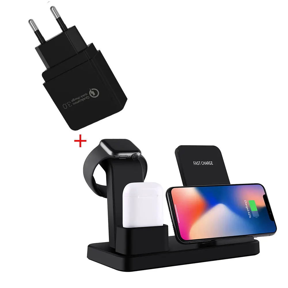 Black EU Plug NYFundas беспроводной Qi 3 в 1 держатель телефона зарядное устройство 10 Вт для Apple Watch Series 4 3 2 Iphone XS Max XR 8 Plus X Iwatch Airpods Dock - Цвет: Black EU Plug