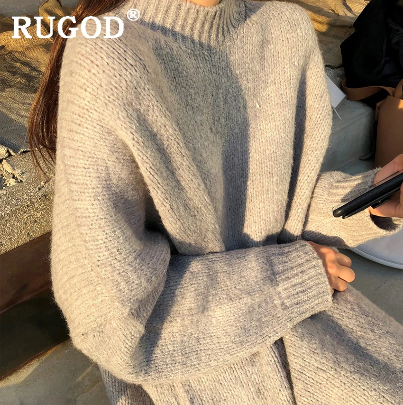 RUGOD элегантное однотонное вязаное длинное платье 2019 осень зима теплое свободное
