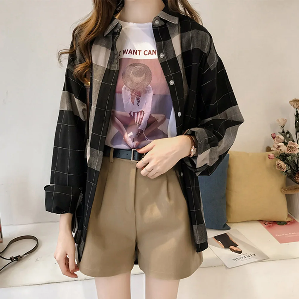 

Spring Women Blouse Harajuku BF Style Plaid Shirts Female Tops Streetwear Loose Casual Basic Chic Shirt Outerwear Korean Vogue