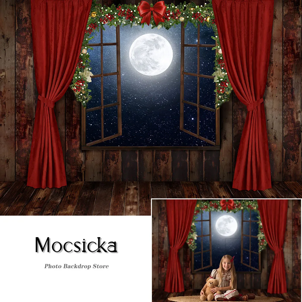 

Christmas Window Full Moon Backdrops for Photography Vintage Wooden Board Red Curtain Photo Props Studio Booth Background