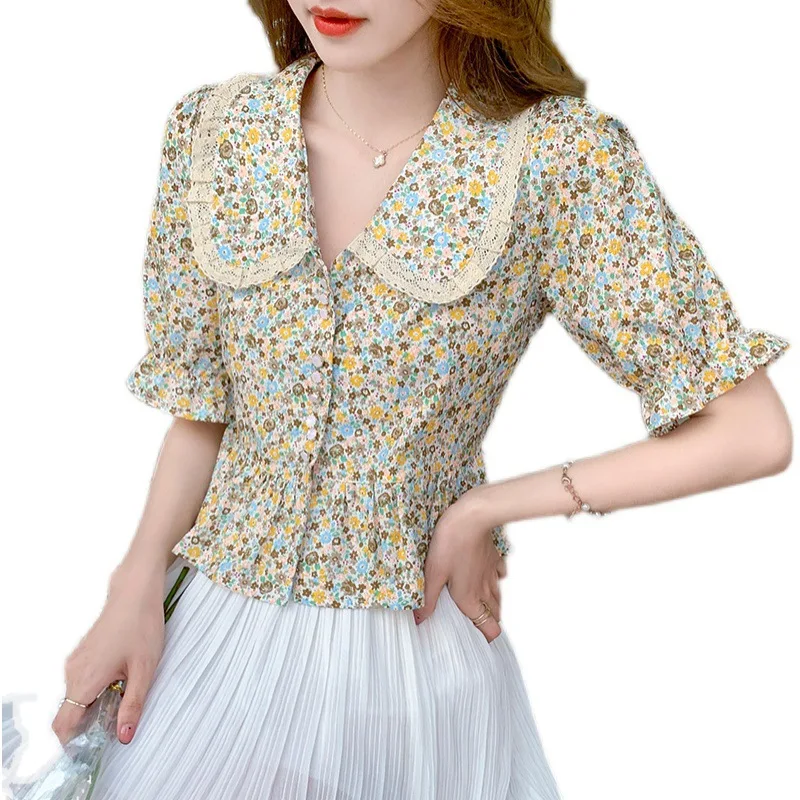 

2021 summer new style short-sleeved lace side western short shirt puff sleeve floral top women