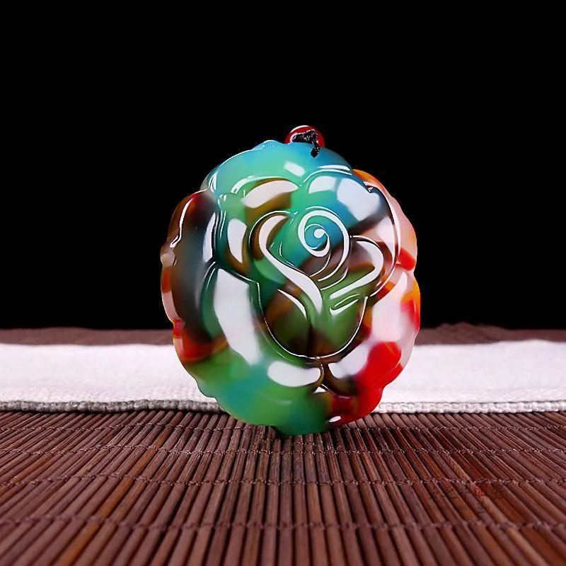 Китайский Натуральный Цвет Нефритовая Роза кулон ожерелье ручной резной Шарм