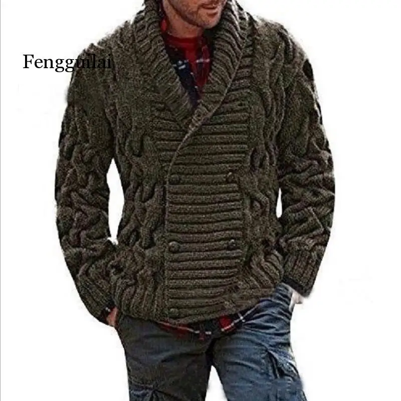 

Мужской теплый свитер, однотонный вязаный двубортный джемпер, зима 2020