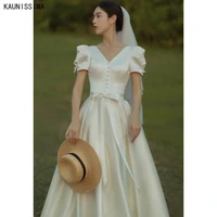kaunissina satin wedding dresses short puff sleeves v neck button simple floor length wedding gown for bride simple bridal dress