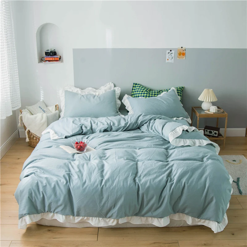 

Four Season Simple Solid Bedding Set Adult Ruffle Duvet/Quilt Cover Bed Linen Washed Cotton&Polyester Twin Queen Home Textile