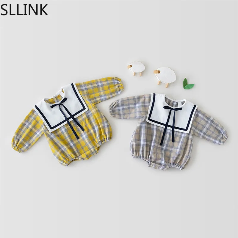 

New arrival autumn Plaid Navy collar baby girl's lovely one-piece clothes girl's climbing clothes