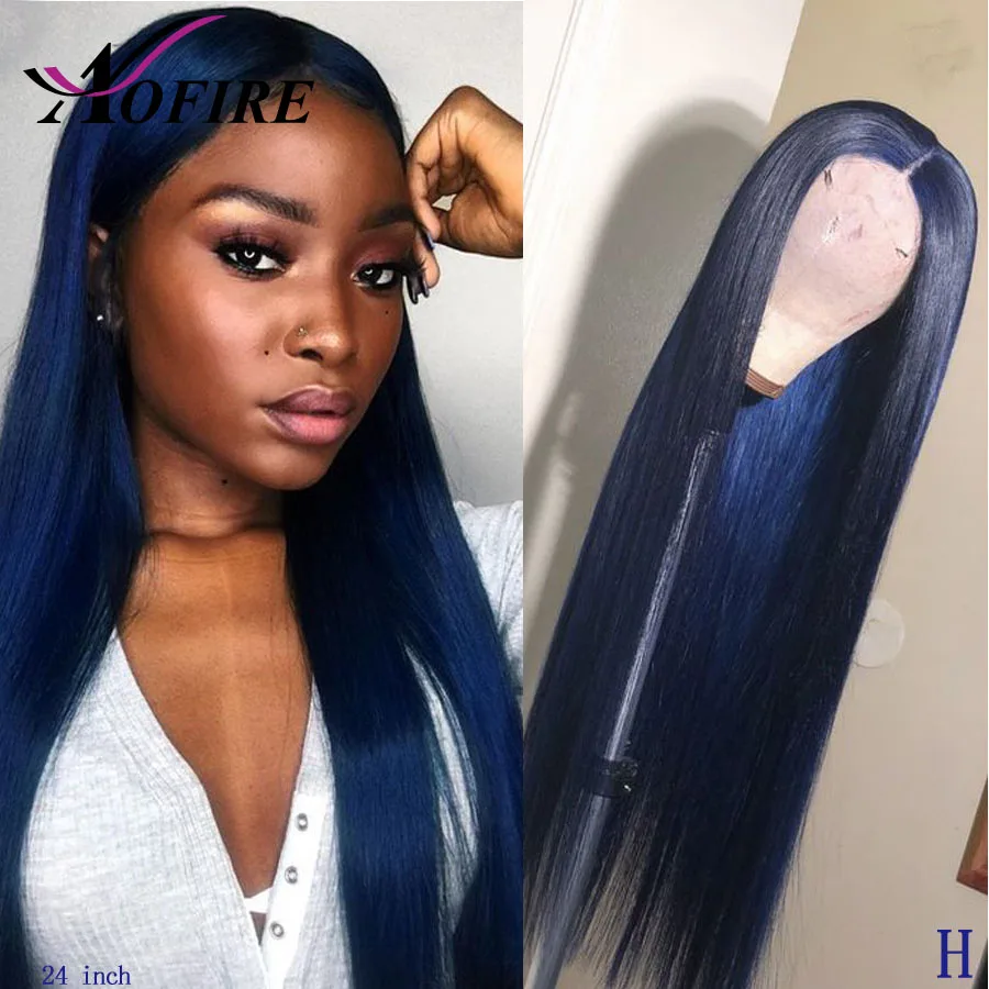 Full Lace Front Human Hair Wigs Blue Color Brazilian Remy Straight Wig Free Part For Black Women Pre Plucked 130% Density Aofire | Шиньоны и