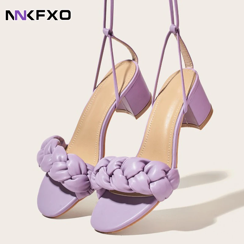 

PU Fashion Sweet Women Shoes Sexy Square Heels Sandals 2022 Summer Elegant Party Cross-Tied Gladiator Lace-Up Checkered vc2943