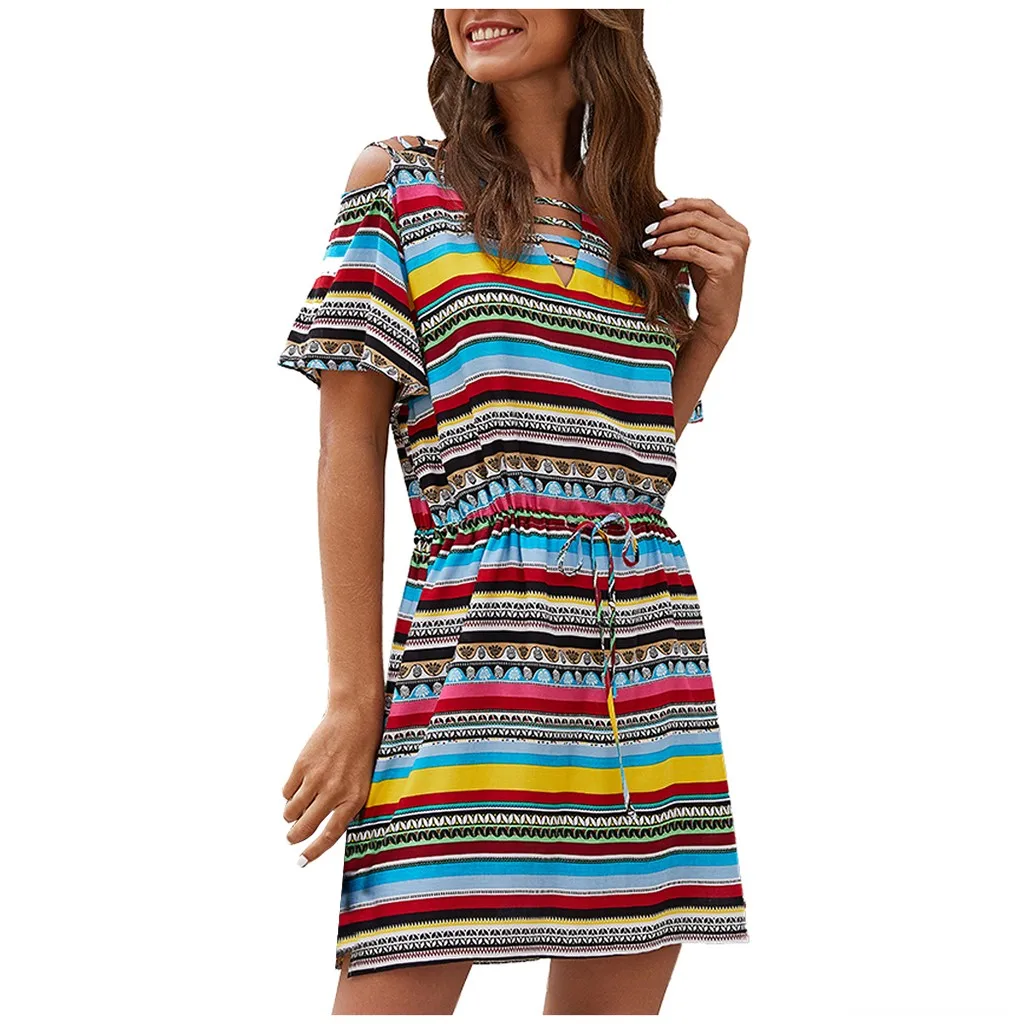 Модное Повседневное платье для женщин в полоску Радужное пляжное с коротким