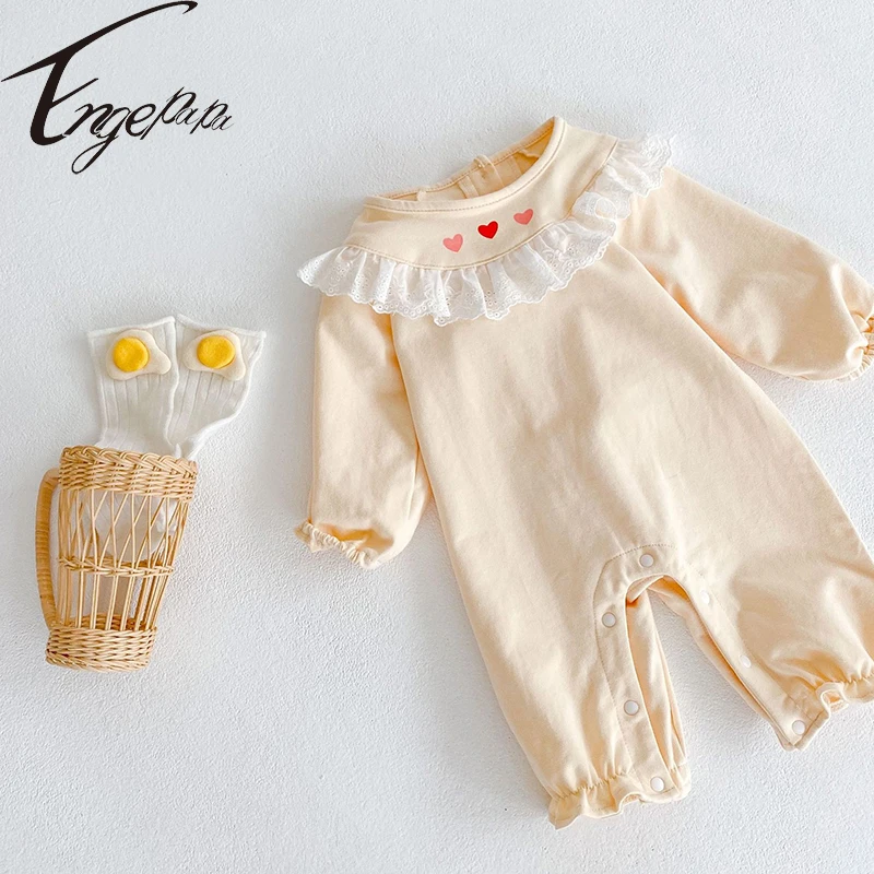 

Engepapa Printing Sweet Love Infant Baby Girl Princess Romper Toddler Long Sleeves Jumpsuits Lace Infant Baby Clothes Bodysuit
