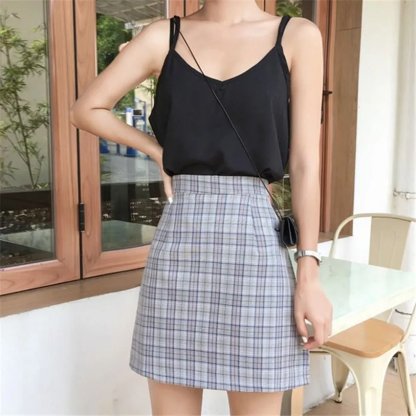 

New Vintage Summer Plaid Skirts for Women Korean High Waist Preppy Style Buttoms Zipper Back A-Line Mini Skirt