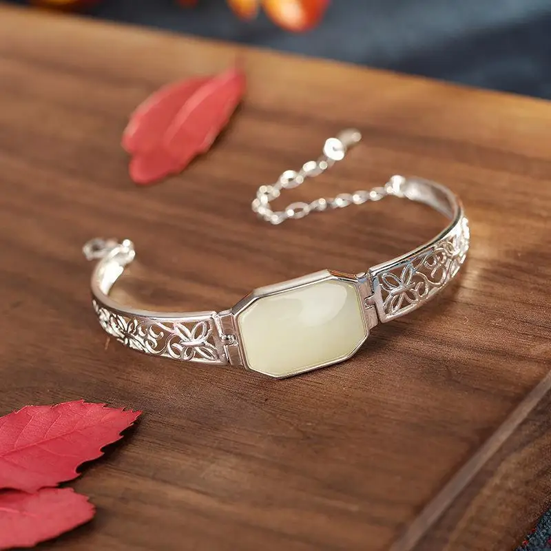 

Original S925 Sterling Silver Inlaid Hetian Jade Bracelet Retro Temperament to Give Mom Bracelet Female Personalized Bracelet