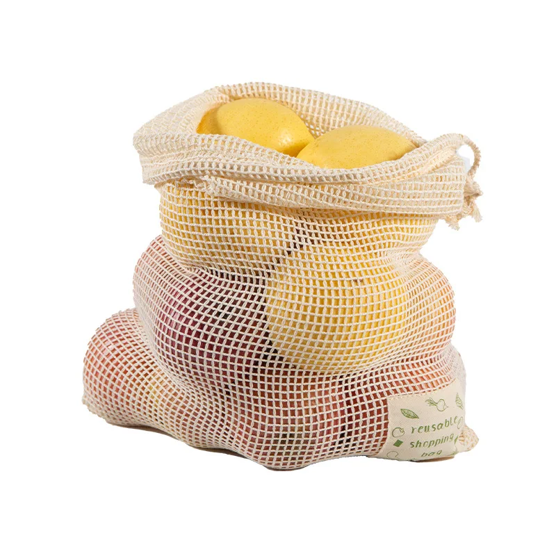 

3 PICS/PACK Cotton Mesh Bag with Cotton Label on the Front Supermarket Shopping Fruit and Vegetable Mesh Bag Mesh Pocket