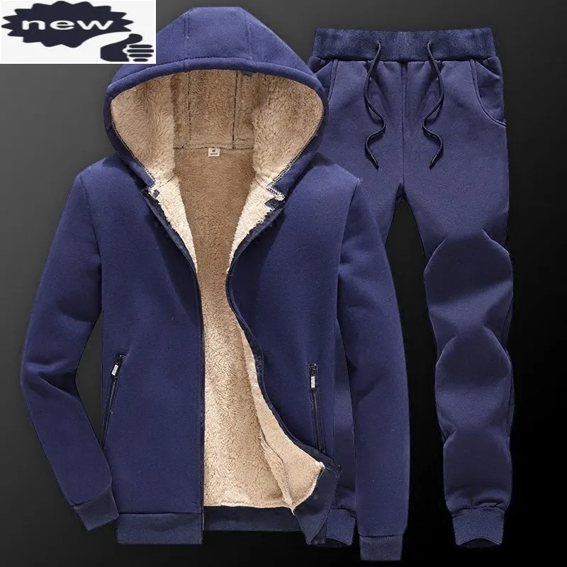 

Winter Men Hooded Jackets Woolen Lining Warm Male Tracksuit Full Length Sweatpants Set Suit Casual Large Size M-4XL Sweatsuits
